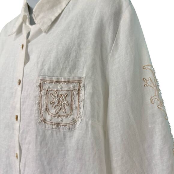 Vintage White Irish Linen Beaded Long Sleeve Button Up Blouse XL Richard Malcolm - Picture 7 of 9